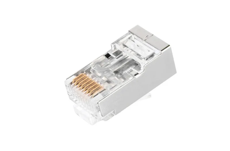 Коннектор  NIKOMAX RJ45/8P8C под витую пару, Кат.5е (Класс D), 100МГц, покрытие 50мкд, универсальные ножи, сквозной, экранированный, круглый ввод, уп-ка 100шт.