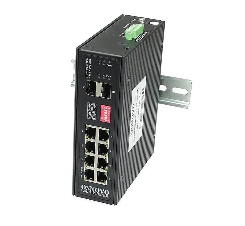 SW-80802/I(Port 90W, 300W) - Промышленный HiPoE коммутатор OSNOVO Gigabit Ethernet на 8GE PoE + 2 GE SFP порта. Порты: 1 x GE (10/100/1000Base-T) с PoE BT (до 90W) + 7 x GE (10/100/1000Base-T) с PoE (до 30W) + 2 x GE SFP (1000Base-X). Соответствует стандартам PoE IEEE 802.3af/at